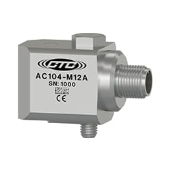 A stainless steel AC104-M12A side exit, standard size industrial vibration sensor engraved with the CTC Line logo, part number, and CE and UKCA markings.
